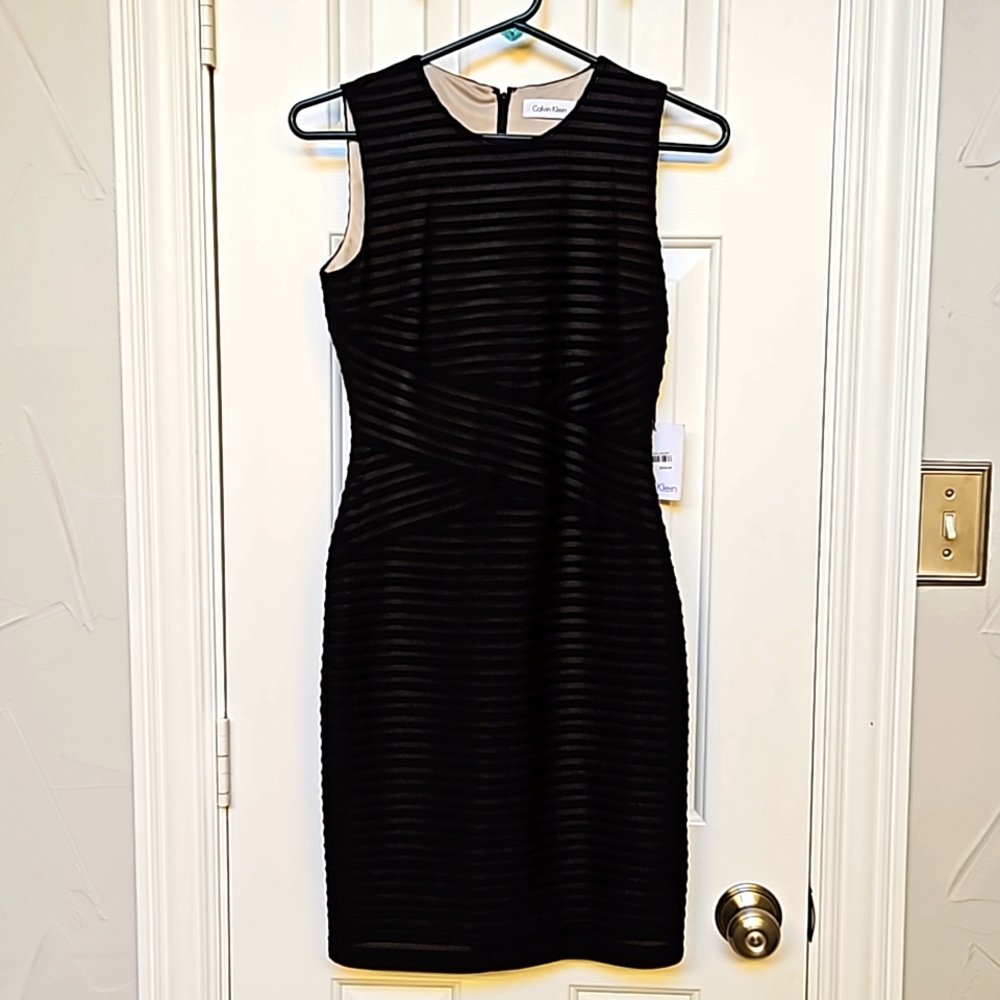 NWT Calvin Klein Women's Black Stripe Ribbed Knit Sleeveless Sheath Dress - Picture 2 of 8